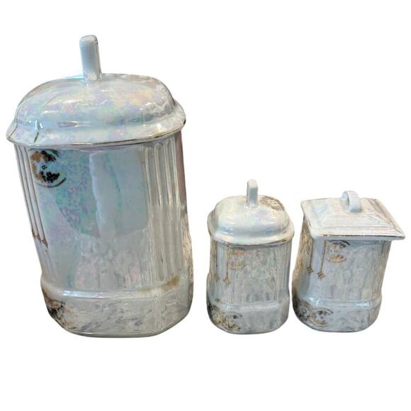 Antique Lusterware Canisters w/ Lid Germany Kitchen Barley Allspice Nutmeg Spice - Picture 9 of 13